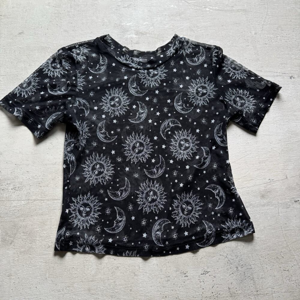 3 Sisters Mesh Celestial Top Womens Small Whimsigoth 90s Sun Moon Sheer Tee - Picture 2 of 5